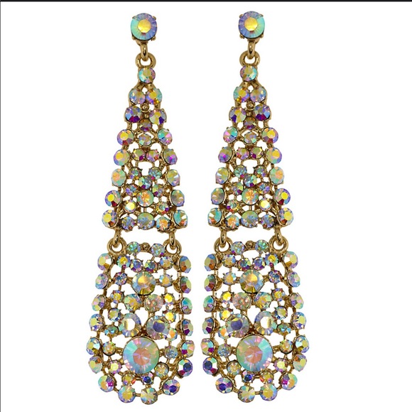 Large Aurora Borealis Crystal Teardrop Statement Earrings,NWT - Picture 1 of 2